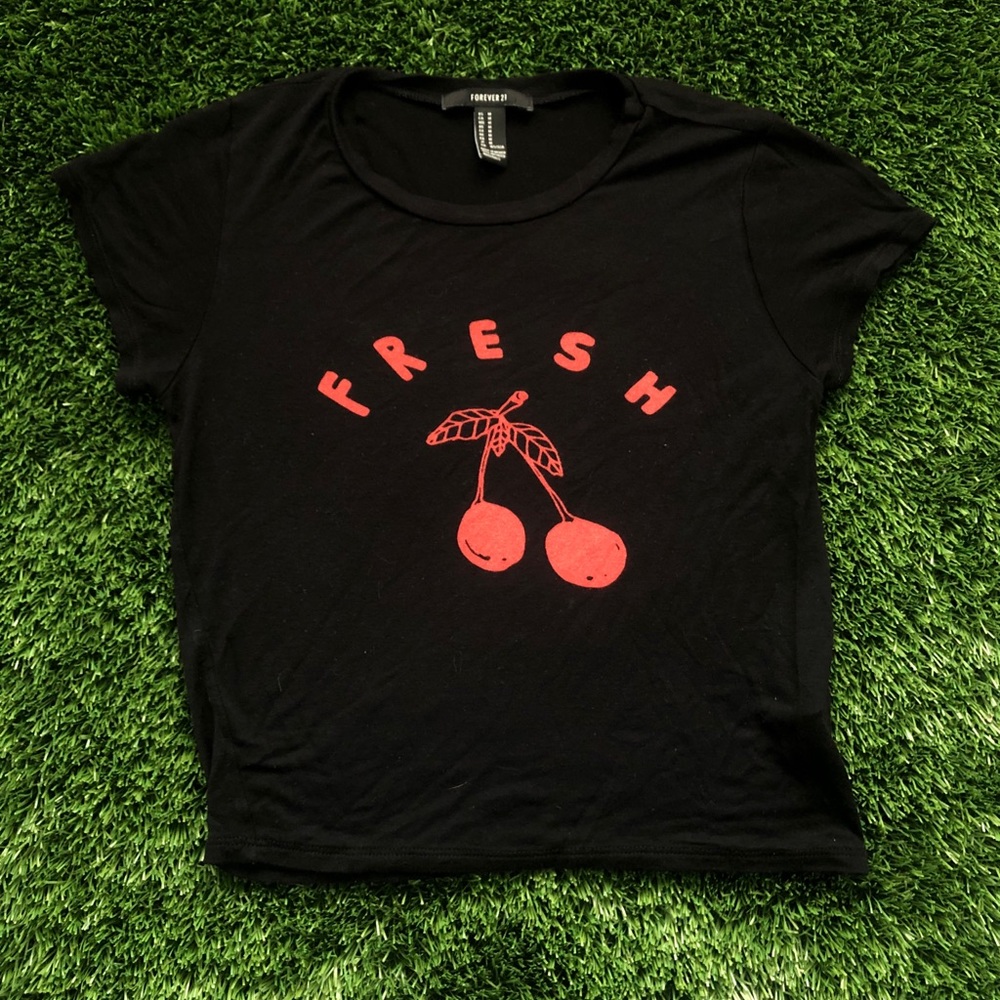 Forever 21 “Fresh Cherries” Black Crop Top